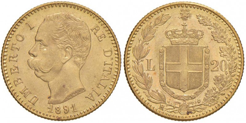 Umberto I (1878-1900) 20 Lire 1891 – Nomisma 989 AU Segnetti da contatto, 1 Riba...