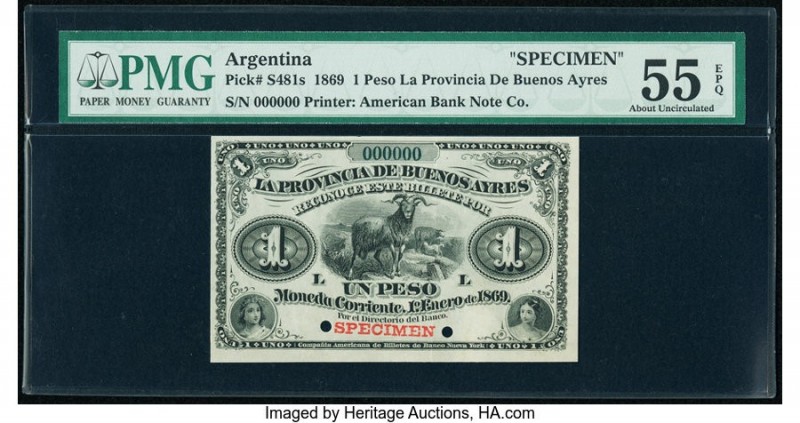 Argentina Provincia de Buenos Ayres 1 Peso 1869 Pick S481s Specimen PMG About Un...