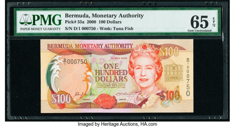 Bermuda Monetary Authority 100 Dollars 2000 Pick 55a PMG Gem Uncirculated 65 EPQ...