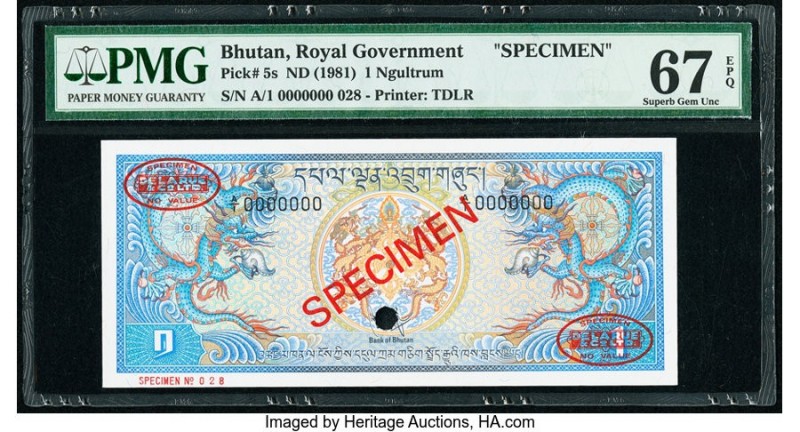 Bhutan Royal Government 1 Ngultrum ND (1981) Pick 5s Specimen PMG Superb Gem Unc...
