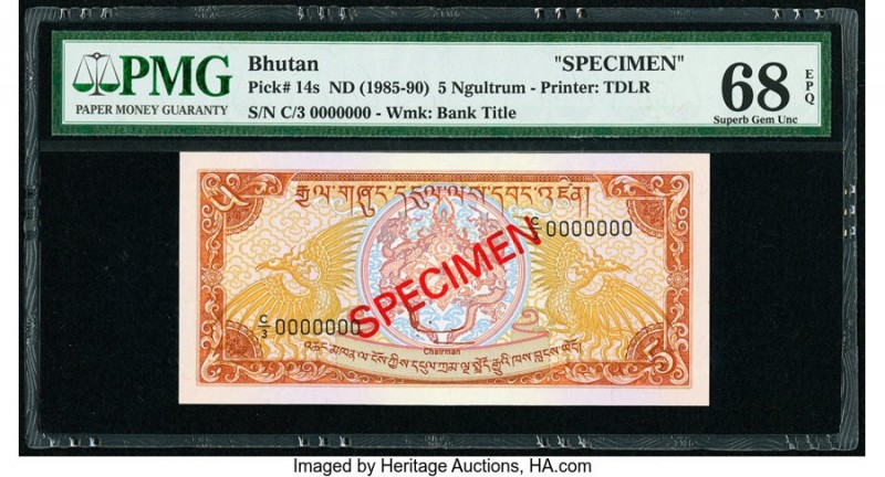 Bhutan Royal Monetary Authority 5 Ngultrum ND (1985-90) Pick 14s Specimen PMG Su...