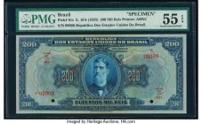 Brazil Thesouro Nacional 200 Mil Reis ND (1925) Pick 81s Specimen PMG About Uncirculated 55 EPQ. Red Specimen overprints; two POCs.

HID09801242017

©...