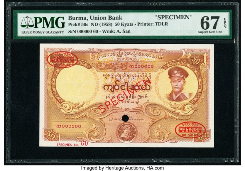 Burma Union Bank 50 Kyats ND (1958) Pick 50s Specimen PMG Superb Gem Unc 67 EPQ....