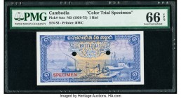 Cambodia Banque Nationale du Cambodge 1 Riel ND (1956-75) Pick 4cts Color Trial Specimen PMG Gem Uncirculated 66 EPQ. Red Specimen overprints; two POC...