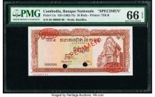 Cambodia Banque Nationale du Cambodge 10 Riels ND (1962-75) Pick 11s Specimen PMG Gem Uncirculated 66 EPQ. Red Specimen & TDLR overprints; two POCs.

...