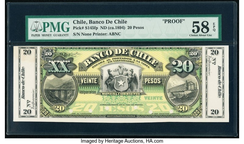 Chile Banco De Chile 20 Pesos ND (ca.1894) Pick S145fp Front Proof PMG Choice Ab...
