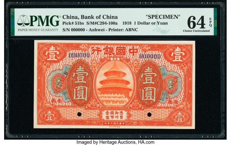 China Bank of China 1 Dollar or Yuan 1918 Pick 51bs Specimen PMG Choice Uncircul...