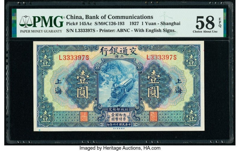China Bank of Communications, Shanghai 1 Yuan 1927 Pick 145Ac S/M#C126-193 PMG C...