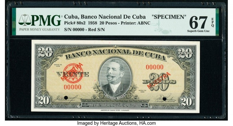 Cuba Banco Nacional de Cuba 20 Pesos 1958 Pick 80s2 Specimen PMG Superb Gem Unc ...