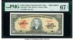 Cuba Banco Nacional de Cuba 20 Pesos 1958 Pick 80s2 Specimen PMG Superb Gem Unc 67 EPQ. Red Muestra overprints; two POCs.

HID09801242017

© 2020 Heri...