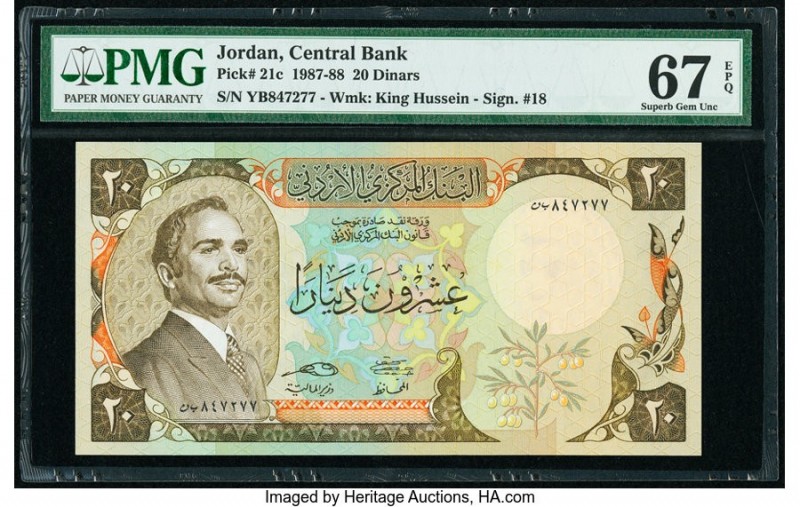 Jordan Central Bank of Jordan 20 Dinars 1987-88 Pick 21c PMG Superb Gem Unc 67 E...