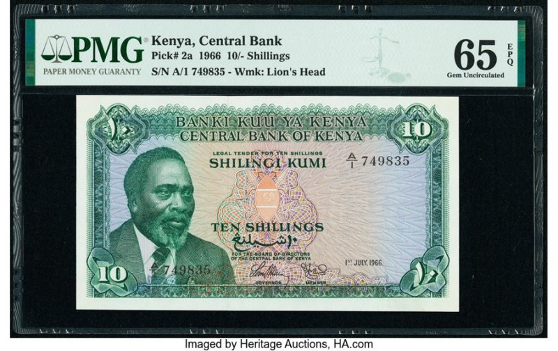 Kenya Central Bank of Kenya 10 Shillings 1.7.1966 Pick 2a PMG Gem Uncirculated 6...