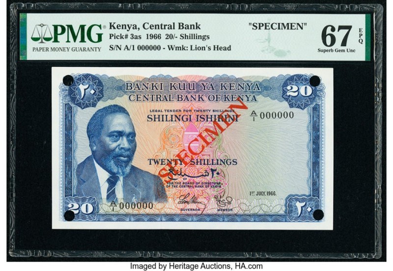 Kenya Central Bank of Kenya 20 Shillings 1.7.1966 Pick 3as Specimen PMG Superb G...