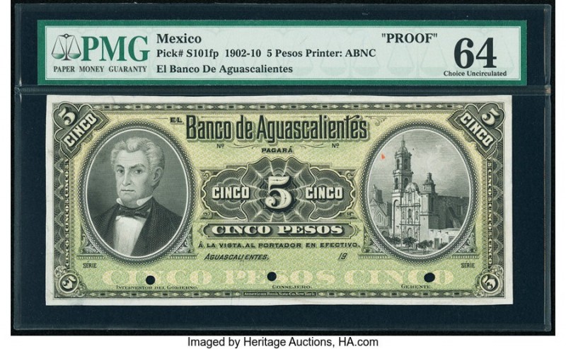 Mexico Banco De Aguascalientes 5 Pesos 1902-10 Pick S101fp Front Proof PMG Choic...