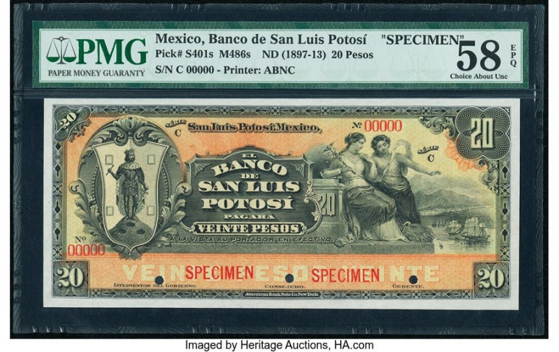 Mexico Banco de San Luis Potosi 20 Pesos ND (1897-13) Pick S401s M486s Specimen ...