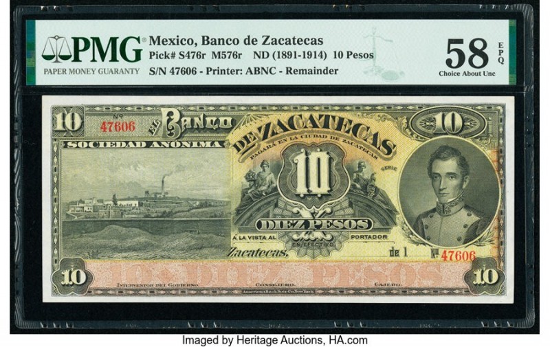 Mexico Banco De Zacatecas 10 Pesos ND (1891-1914) Pick S476r M576r Remainder PMG...
