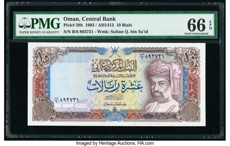 Oman Central Bank of Oman 10 Rials 1993 / AH1413 Pick 28b PMG Gem Uncirculated 6...