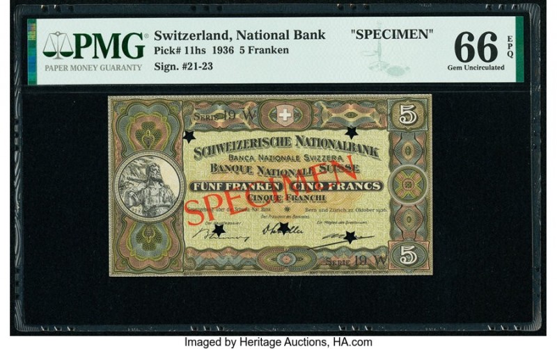 Switzerland National Bank 5 Franken 10.1936 Pick 11hs Specimen PMG Gem Uncircula...