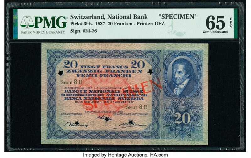 Switzerland National Bank 20 Franken 29.8.1937 Pick 39fs Specimen PMG Gem Uncirc...