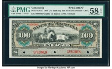 Venezuela Banco de Venezuela 100 Bolivares ND (ca. 1916-21) Pick S293s Specimen PMG Choice About Unc 58 EPQ. Red Specimen overprints; three POCs.

HID...
