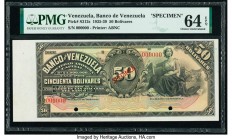 Venezuela Banco de Venezuela 50 Bolivares 1935-39 Pick S312s Specimen PMG Choice Uncirculated 64 EPQ. Red Specimen overprint; two POCs.

HID0980124201...