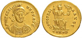 COINAGE OF THE EASTERN ROMAN EMPIRE
ARCADIUS, 383-408
Mint of Constantinopolis
Solidus 397-402. No officina letter. Obv. DN ARCADI – VS PF AVG Helm...