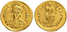 COINAGE OF THE EASTERN ROMAN EMPIRE
ARCADIUS, 383-408
Mint of Thessalonica
Solidus 402-403. Obv. DN ARCADI – VS PF AVG Helmeted, cuirassed bust fac...