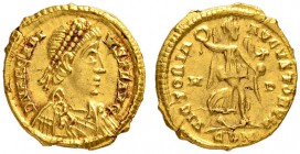 COINAGE OF THE EASTERN ROMAN EMPIRE
ARCADIUS, 383-408
Mint of Mediolanum
Tremissis 394-395. Obv. D N ARCADI - VS P F AVG. Bust with pearl diadem, p...