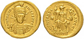 COINAGE OF THE EASTERN ROMAN EMPIRE
THEODOSIUS II, 408-450
Mint of Constantinopolis
Solidus 408-420. Officina B.Obv. DN THEODO – SIVS P F AVG Helme...