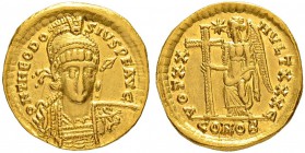 COINAGE OF THE EASTERN ROMAN EMPIRE
THEODOSIUS II, 408-450
Mint of Constantinopolis
Solidus 423-424. Officina E. Obv. DN THEODO – SIVS PF AVG Helme...