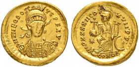 COINAGE OF THE EASTERN ROMAN EMPIRE
THEODOSIUS II, 408-450
Mint of Constantinopolis
Solidus 441-450. No officina letter. Obv. D N THEODO - SIVS P F...