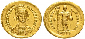 COINAGE OF THE EASTERN ROMAN EMPIRE
THEODOSIUS II, 408-450
Mint of Thessalonica
Solidus 424-425/430. No officina letter. Obv. DN THEODO – SIVS PF A...