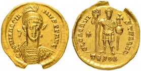 COINAGE OF THE EASTERN ROMAN EMPIRE
MARCIANUS, 450-457
Mint of Thessalonica
Solidus. No officina letter. Obv. D N MARCIA - NVS P F AVG Helmeted, cu...