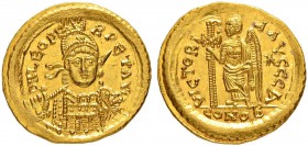 COINAGE OF THE EASTERN ROMAN EMPIRE
LEO I, 457-474
Mint of Constantinopolis
Solidus 462-466. Officina A. Obv. D N LEO PE -RPET AVG Helmeted and cui...