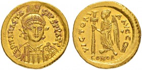 THE BYZANTINE EMPIRE
ANASTASIUS I, 491-518
Mint of Constantinopolis
Solidus 492-507. Officina Z. Obv. D N ANASTA - SIVS P P AVG Helmeted, cuirassed...