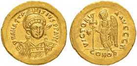 THE BYZANTINE EMPIRE
ANASTASIUS I, 491-518
Mint of Constantinopolis
Solidus 507-518. Officina H. Obv. D N ANASTA - SIVS P P AVG Helmeted, cuirassed...