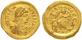 THE BYZANTINE EMPIRE
ANASTASIUS I, 491-518
Mint of Constantinopolis
Semissis 492-507. Obv. D N ANASTA - SIVS PP AVG Draped, cuirassed and diademed ...