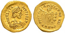 THE BYZANTINE EMPIRE
ANASTASIUS I, 491-518
Mint of Constantinopolis
Tremissis 492-518, Constantinopolis. Obv. D N ANASTA - SIVS PP AVG Draped, cuir...