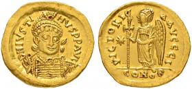 THE BYZANTINE EMPIRE
JUSTINUS I, 518-527
Mint of Constantinopolis
Solidus 518-522. Officina I. Obv. D N IVSTI - NVS PP AVG Helmeted and cuirassed b...