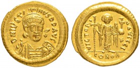 THE BYZANTINE EMPIRE
JUSTINUS I, 518-527
Mint of Constantinopolis
Solidus 522-527. Officina I. Obv. D N IVSTI - NVS PP AVG Helmeted and cuirassed b...