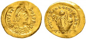 THE BYZANTINE EMPIRE
JUSTINUS I, 518-527
Mint of Constantinopolis
Tremissis 518-527. Obv, D N IVSTI - NVS PP AVG Draped, cuirassed, diademed bust t...