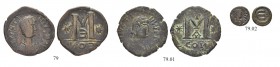 THE BYZANTINE EMPIRE
JUSTINUS I, 518-527
Mint of Constantinopolis
Ae-Follis 518-522. Officina A. Sear 62. Ae-Follis. Officina Є. Sear 62. Ae-Pentan...