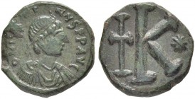 THE BYZANTINE EMPIRE
JUSTINUS I, 518-527
Mint of Thessalonica
Ae- half follis 518-522. Sear 80. DOC 25. MIB 71. 8.92 g. Rare. Good very fine. Ex Au...