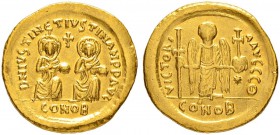 THE BYZANTINE EMPIRE
JUSTINUS I AND JUSTINIANUS I, April 4 – August 1, 527
Mint of Constantinopolis
Solidus 527. Officina Q. Obv. D N IVSTIN ET IVS...