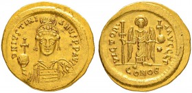 THE BYZANTINE EMPIRE
JUSTINIANUS I, 527-565
Mint of Constantinopolis
Solidus 537-542. Officina G. Obv. D N IVSTINI - ANVS P P AVG Helmeted, cuirass...