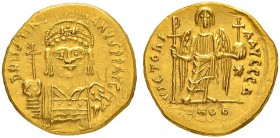 THE BYZANTINE EMPIRE
JUSTINIANUS I, 527-565
Mint of Constantinopolis
Solidus 542-565. Officina A. Obv. D N IVSTINI - ANVS P P AVG Helmeted, cuirass...
