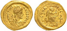 THE BYZANTINE EMPIRE
JUSTINIANUS I, 527-565
Mint of Constantinopolis
Semissis 527-552. Obv. D N IVSTINI - ANVS P P AVG Draped, cuirassed bust with ...