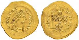 THE BYZANTINE EMPIRE
JUSTINIANUS I, 527-565
Mint of Constantinopolis
Tremissis 527-565. Obv. D N IVSTINI - ANVS P P AVG Draped, cuirassed bust with...