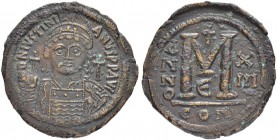 THE BYZANTINE EMPIRE
JUSTINIANUS I, 527-565
Mint of Constantinopolis
Ae-Follis year XIII (539/540. Officina Є. Sear 163. DOC 38e. MIB 95. 23.09 g. ...