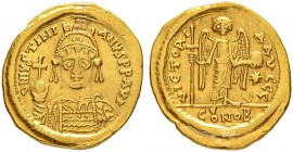THE BYZANTINE EMPIRE
JUSTINIANUS I, 527-565
Mint of Thessalonica
Solidus 542-565. No officina letter. Obv. D N IVSTINI - ANVS P P AVG Helmeted, cui...